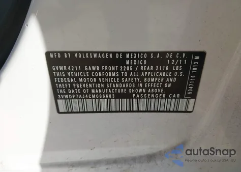 2012 Volkswagen Jetta 2.5L Se from USA, damaged, VIN 3VWDP7AJ4CM086683